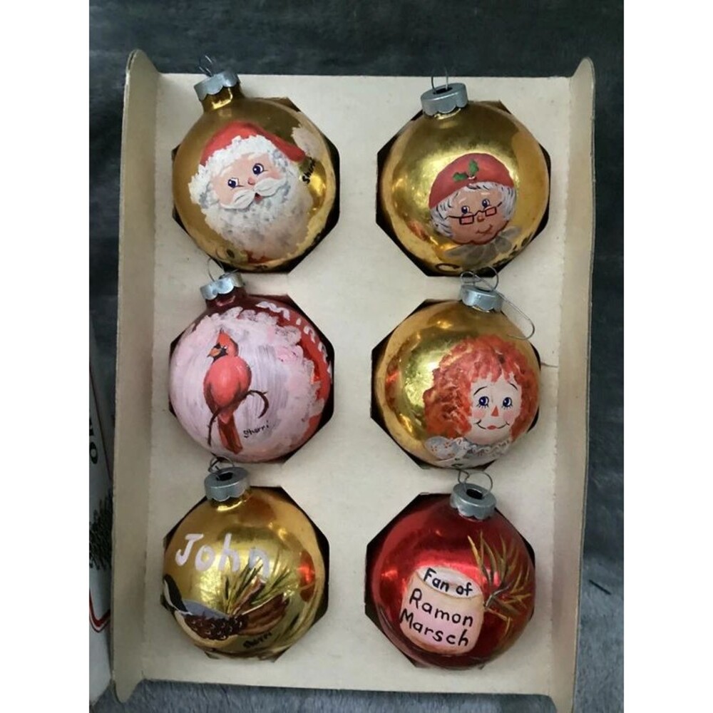 Hand Painted & Decorated Vintage Mercury Glass Christmas Ornaments x6 Boxed